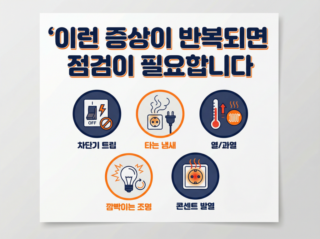 인천 전기설비 이상 증상 차단기 트립 타는 냄새 과열 콘센트 발열